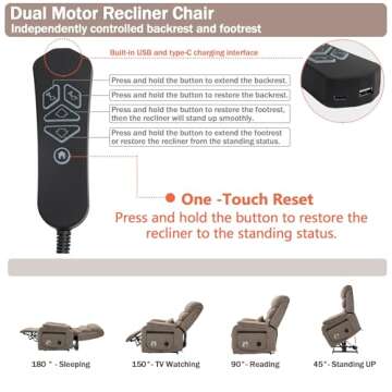 JIKFRIMA Power Lift Recliner Chair for Adults Elderly Lay Flat Velvet Recliners with Massage Heating, Extended Footrest, Wireless Charging Device, USB Ports, Cup Holder, Lumbar Pillow, Up to 400LBS