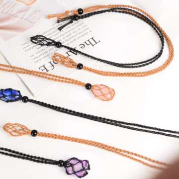 Anjiucc 7 Chakra Natural Gemstone Crystal with 2PCS Empty Necklace Holder Necklace Cord Stone Holder Pendant Stone Holder Replacement Hand-Woven Necklace Cord with Adjustable Length