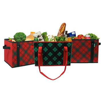 Earthwise Deluxe Collapsible Reusable Shopping Box Grocery Bag Set with Reinforced Bottom Plaid Holi...