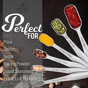 Zulay Stainless Steel Measuring Spoons Set - Rectangular Metal Measuring Spoons with Slim Design for Narrow Spice Jars - Easy to Clean and Use - 6 Piece