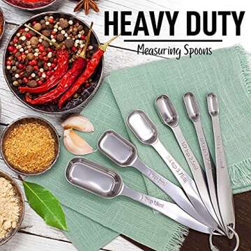 Zulay Stainless Steel Measuring Spoons Set - Rectangular Metal Measuring Spoons with Slim Design for Narrow Spice Jars - Easy to Clean and Use - 6 Piece