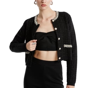 URBAN REVIVO Womens Cropped Cardigan Sweaters Open Front Casual Long Sleeve Knit Pearl Button Down C...