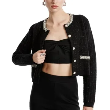 URBAN REVIVO Womens Cropped Cardigan Sweaters Open Front Casual Long Sleeve Knit Pearl Button Down C...