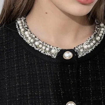 URBAN REVIVO Womens Cropped Cardigan Sweaters Open Front Casual Long Sleeve Knit Pearl Button Down Crew Neck Jacket 2025 Black, X-Small