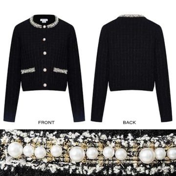 URBAN REVIVO Womens Cropped Cardigan Sweaters Open Front Casual Long Sleeve Knit Pearl Button Down Crew Neck Jacket 2025 Black, X-Small