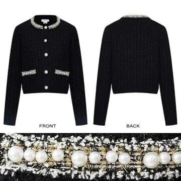 URBAN REVIVO Womens Cropped Cardigan Sweaters Open Front Casual Long Sleeve Knit Pearl Button Down Crew Neck Jacket 2025 Black, X-Small