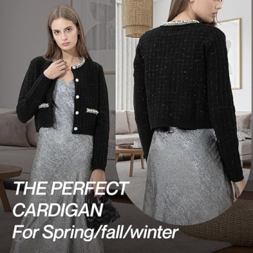 URBAN REVIVO Womens Cropped Cardigan Sweaters Open Front Casual Long Sleeve Knit Pearl Button Down Crew Neck Jacket 2025 Black, X-Small