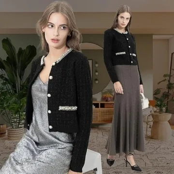 URBAN REVIVO Womens Cropped Cardigan Sweaters Open Front Casual Long Sleeve Knit Pearl Button Down Crew Neck Jacket 2025 Black, X-Small