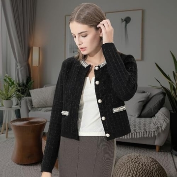 URBAN REVIVO Womens Cropped Cardigan Sweaters Open Front Casual Long Sleeve Knit Pearl Button Down Crew Neck Jacket 2025 Black, X-Small