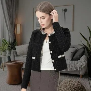 URBAN REVIVO Womens Cropped Cardigan Sweaters Open Front Casual Long Sleeve Knit Pearl Button Down Crew Neck Jacket 2025 Black, X-Small