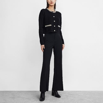 URBAN REVIVO Womens Cropped Cardigan Sweaters Open Front Casual Long Sleeve Knit Pearl Button Down Crew Neck Jacket 2025 Black, X-Small