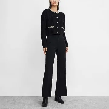 URBAN REVIVO Womens Cropped Cardigan Sweaters Open Front Casual Long Sleeve Knit Pearl Button Down Crew Neck Jacket 2025 Black, X-Small