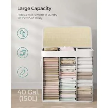 SONGMICS Laundry Hamper, 39.6 Gallons (150L), 3-Section Laundry Basket, Laundry Hamper with Lid, Bamboo, Foldable, Removable and Machine Washable Liner, for Laundry Room, Bedroom, White ULCB091W01