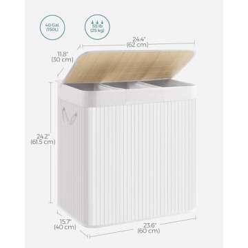 SONGMICS Laundry Hamper, 39.6 Gallons (150L), 3-Section Laundry Basket, Laundry Hamper with Lid, Bamboo, Foldable, Removable and Machine Washable Liner, for Laundry Room, Bedroom, White ULCB091W01
