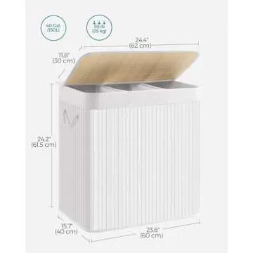 SONGMICS Laundry Hamper, 39.6 Gallons (150L), 3-Section Laundry Basket, Laundry Hamper with Lid, Bamboo, Foldable, Removable and Machine Washable Liner, for Laundry Room, Bedroom, White ULCB091W01