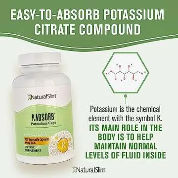 NaturalSlim Natural Potassium Citrate Gluconate 99 mg - Kadsorb Supports Electrolyte Balance & Normal pH - Absorbable Potassium Supplements with Essential Minerals - Non GMO 400 Capsules 1 Pack