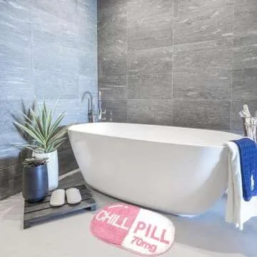 Flecrand Cute Funny Chill Pill Bath Mat, Pink Bathroom Kitchen Cool Rug, Preppy Room Decor Rug, Bath Rugs,Small chill Pill Rugs,Trendy Rugs,Non Slip Washable Water Absorbent Microfiber