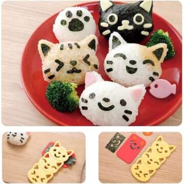 Fellibay Bento Accessories Sushi Mold Rice Ball Mold Cartoon Cat Pattern Sushi Bento Nori Kitchen Rice Decor Kits Sandwich DIY Kitchen Tools for Baby Kids Meal