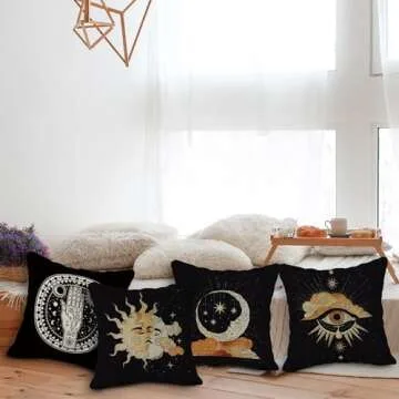 Tarot Linen Throw Pillow Case Set of 4, Tarot Decor Pillow Cover, Tarot Witchy Room Decor Cushion Cover for Sofa Couch Bed College Dorm Decor (18x18)