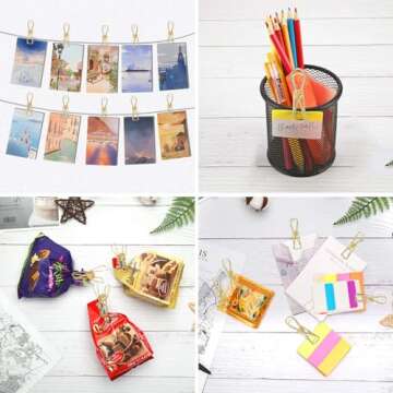 HWAQHDYL Rurili 20 Pieces Metal Wire Hollow Out Multi-Purpose Utility Clips Invoice Bill Paper Clips Clothespins Hanging Clips for Office School Home Use (Gold)