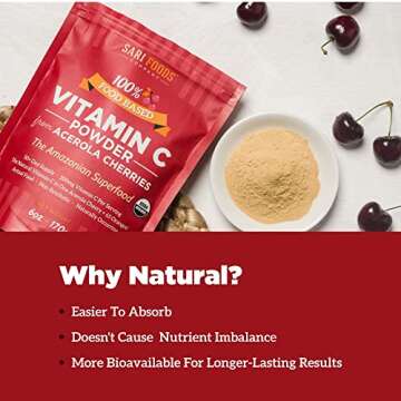 Sari Foods Co Organic Acerola Cherry Powder - Natural Vitamin C Complex Powder - Plant Based, Non-Synthetic Nutrition. Nature’s Daily Whole Food, Antioxidants and Bioflavonoids, 6 Ounce