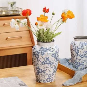 Denique Vintage Blue and White Porcelain Vase Ceramic Vase for Home Decor, Retro Crack Blue Flower Vase Pottery Vase Chinoiserie Decor Rustic (6.3x9.8inch)