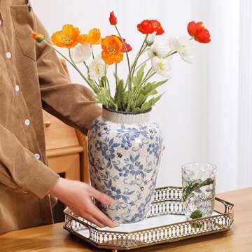 Denique Vintage Blue and White Porcelain Vase Ceramic Vase for Home Decor, Retro Crack Blue Flower Vase Pottery Vase Chinoiserie Decor Rustic (6.3x9.8inch)