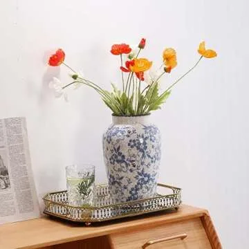 Denique Vintage Blue and White Porcelain Vase Ceramic Vase for Home Decor, Retro Crack Blue Flower Vase Pottery Vase Chinoiserie Decor Rustic (6.3x9.8inch)