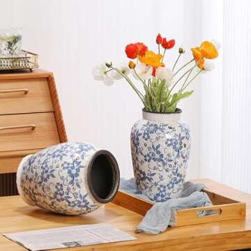 Denique Vintage Blue and White Porcelain Vase Ceramic Vase for Home Decor, Retro Crack Blue Flower Vase Pottery Vase Chinoiserie Decor Rustic (6.3x9.8inch)