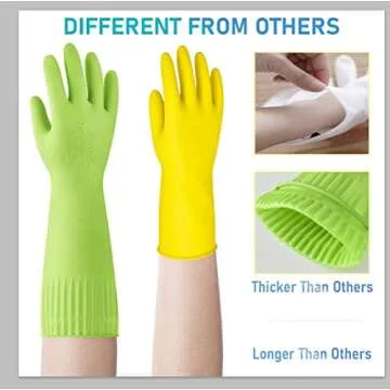 Disfore 2 Pairs of Durable Rubber Gloves, Reusable Non-Slip Cleaning Gloves, Long-Sleeved Waterproof Dishwashing Gloves to Protect Hands, Soft and Comfortable Premium Kitchen Gloves,Small Green