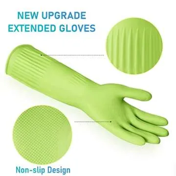 Disfore 2 Pairs of Durable Rubber Gloves, Reusable Non-Slip Cleaning Gloves, Long-Sleeved Waterproof Dishwashing Gloves to Protect Hands, Soft and Comfortable Premium Kitchen Gloves,Small Green