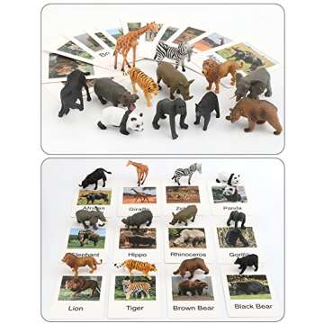 Small Montessori Animal Figures with Flash Cards, Realistic Animal Figurines Toys, Montessori Materials Homeschool Preschool Science Educational Matching Game for Toddler Kids (Zoo)