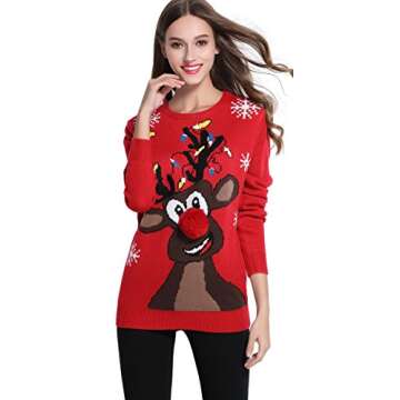 Women's Christmas Sweater Cute Reindeer Snowflakes Knitted Pullover Ugly Party Costume Outfit (XX Large, Lighting)