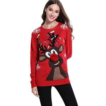 Women's Christmas Sweater Cute Reindeer Snowflakes Knitted Pullover Ugly Party Costume Outfit (XX Large, Lighting)