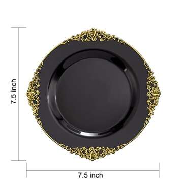 Nervure 100PCS Black Gold Plastic Plates - 7.5 inch Black Plastic Plates with Gold Rim - Disposable Black Gold Dessert Plates for Wedding & Party & New Year