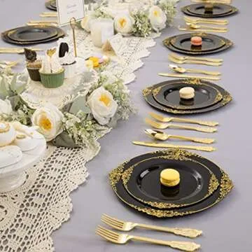 Nervure 100PCS Black Gold Plastic Plates - 7.5 inch Black Plastic Plates with Gold Rim - Disposable Black Gold Dessert Plates for Wedding & Party & New Year