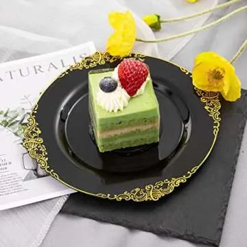 Nervure 100PCS Black Gold Plastic Plates - 7.5 inch Black Plastic Plates with Gold Rim - Disposable Black Gold Dessert Plates for Wedding & Party & New Year