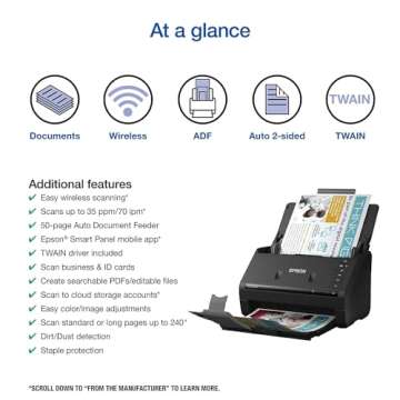 Epson Workforce ES-500W II Wireless Color Duplex Desktop Document Scanner for PC and Mac, with Auto ...