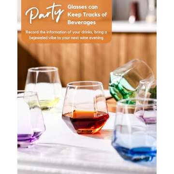 ColoVie Stemless Wine Glasses Set of 6, Cocktail Glasses, Diamond Shaped Wine Glasses for White or R...