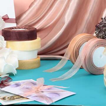 6 Rolls Organza Ribbon Sheer Chiffon Ribbon Bulk for Gift Wrapping Decorating Valentine‘s Day Wedding Birthday Bouquet Garland(50 Yard Each Roll,Fresh Color)