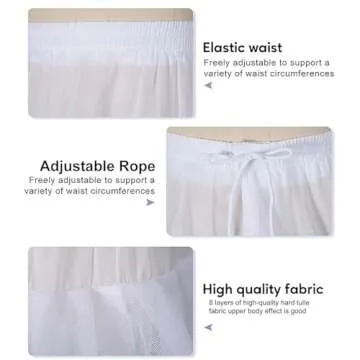 Dearta Women's 8 Layers Tulle Ball Gowns Dresses Petticoats with No Rings White