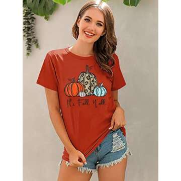 FLOYU It's Fall Y'all Shirt Women Fall T-shirts Halloween Pumpkin Graphic Tee Thanksgiving Short Sleeve Shirt
