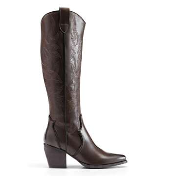 DREAM PAIRS Womens Cowboy Boots Comfortable Pull On Zipper Chunky Heel Pointed Toe Embroidered Weste...