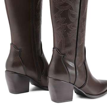 DREAM PAIRS Womens Cowboy Boots Comfortable Pull On Zipper Chunky Heel Pointed Toe Embroidered Western Cowgirl Knee High Boots Girls Ladies Retro Tall Boot,Size 8,Brown/pu,SDKB224W