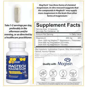 MagTech Magnesium Supplement - 3 Forms of Magnesium: Magtein L-Threonate, Glycinate & Taurate - 200mg Chelated Magnesium Complex - Supports Relaxation & Brain Health - 90 Capsules