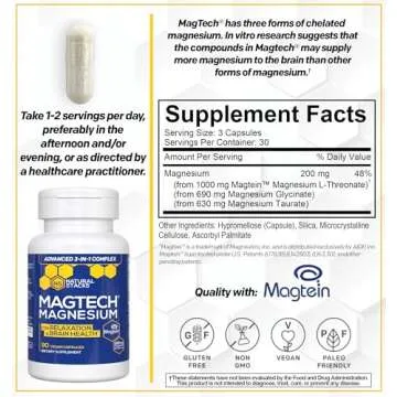 MagTech Magnesium Supplement - 3 Forms of Magnesium: Magtein L-Threonate, Glycinate & Taurate - 200mg Chelated Magnesium Complex - Supports Relaxation & Brain Health - 90 Capsules
