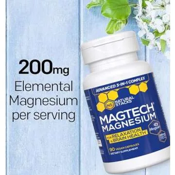 MagTech Magnesium Supplement - 3 Forms of Magnesium: Magtein L-Threonate, Glycinate & Taurate - 200mg Chelated Magnesium Complex - Supports Relaxation & Brain Health - 90 Capsules