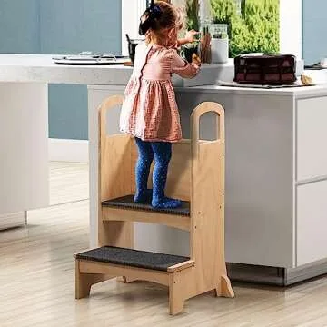 Kids Step to It Stool, Step Stool Chair Kitchen Step Stool for Kids, Wooden Stepping Stool for Kids, Empower Kids in The Kitchen with Step-Up Solutions by Naomi Home (Natural)