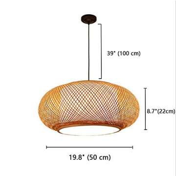 LITFAD Antique Lantern Pendant Lighting Rattan 1 Light Weaving Natural Wooden Ceiling Hanging Light Beige Bamboo Ceiling Fixture with Adjustable Cord for Dining Room Living Room Restaurant - 19.8"