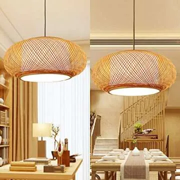 LITFAD Antique Lantern Pendant Lighting Rattan 1 Light Weaving Natural Wooden Ceiling Hanging Light Beige Bamboo Ceiling Fixture with Adjustable Cord for Dining Room Living Room Restaurant - 19.8"